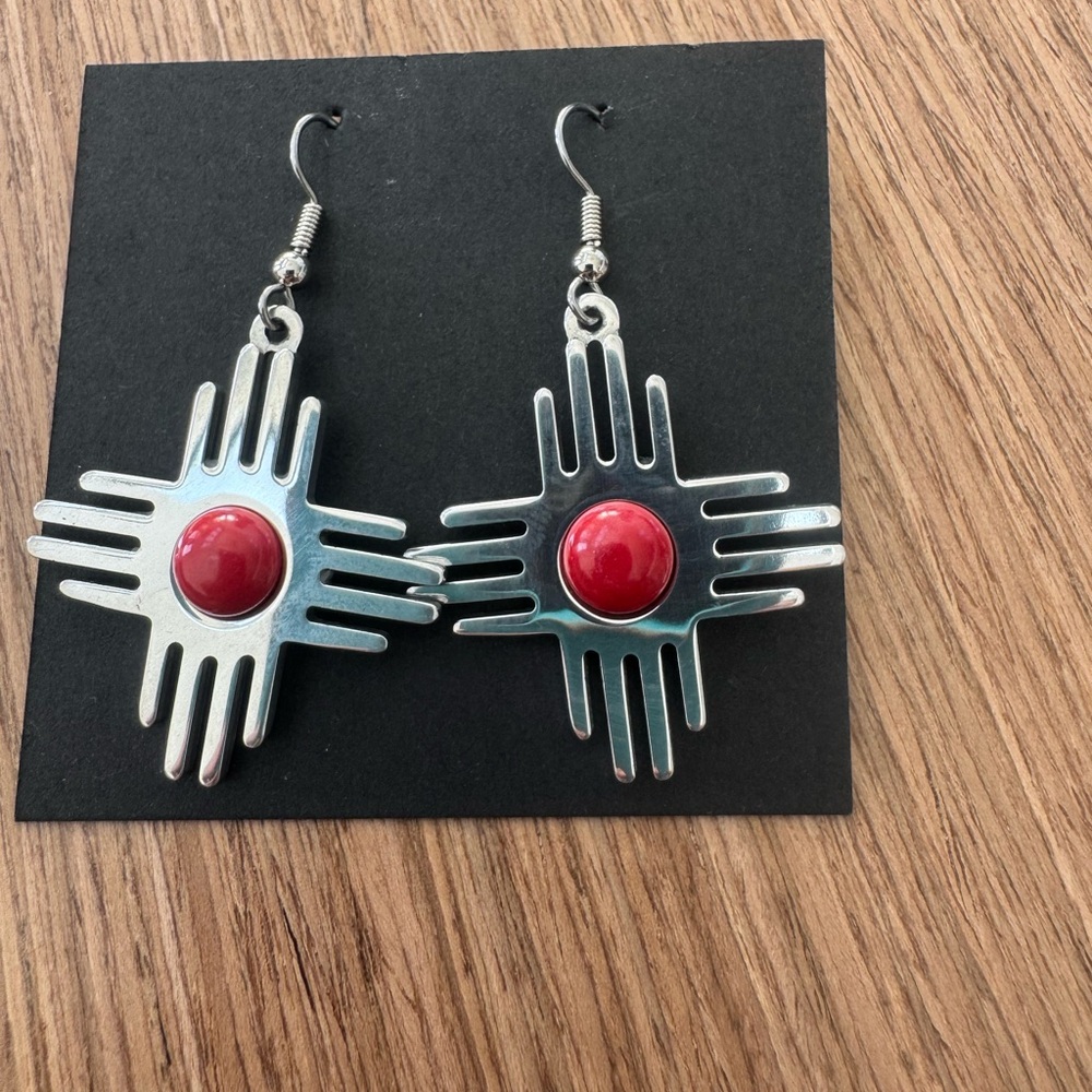 Silver Zia Sun Earrings with Red Center - Women's Jewelry